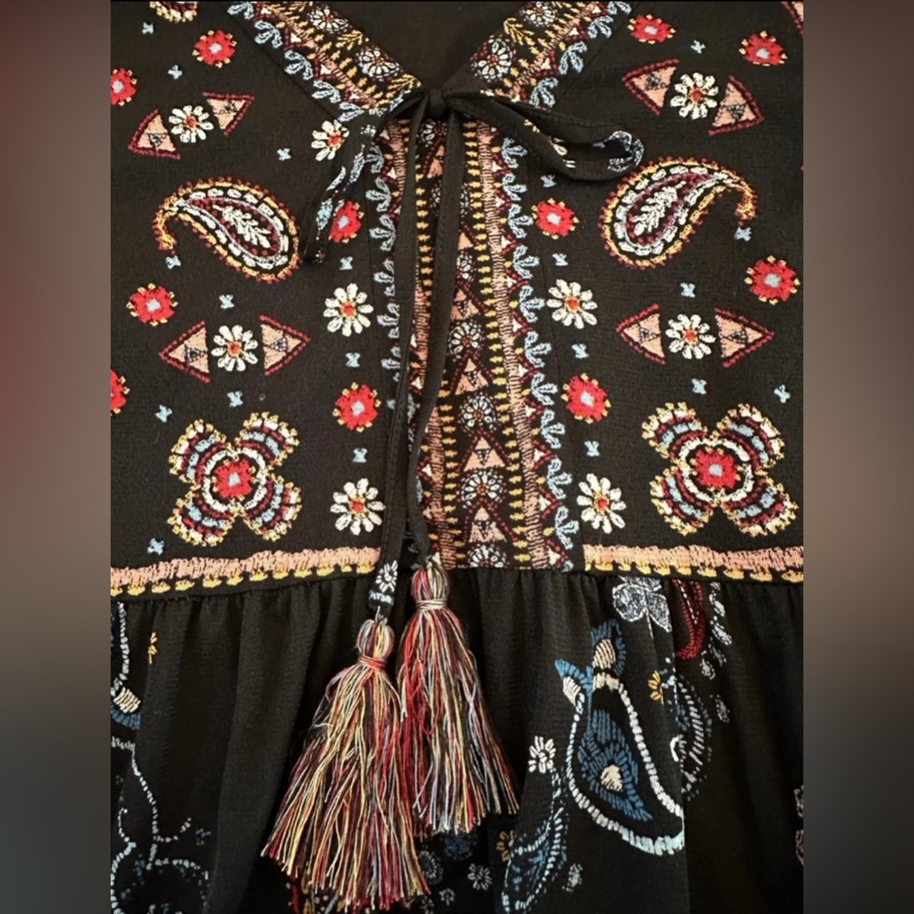 Style & Co. Navy Long Sleeve Boho Blouse with Paisley Pattern & Tassels Small - Picture 8 of 10